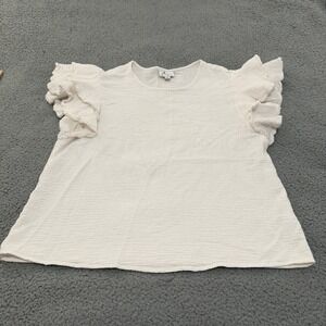 Mira Top Womens Large White 100% Cotton Gauze Flutter Sleeve Scallop Trim